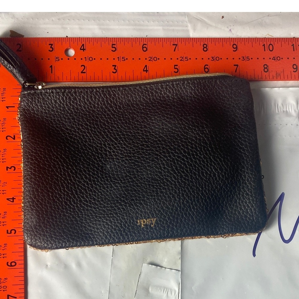 Ipsy Gold Sequin Black Pebbled Faux Leather Makeup Bag Pouch Small Glam Sparkle